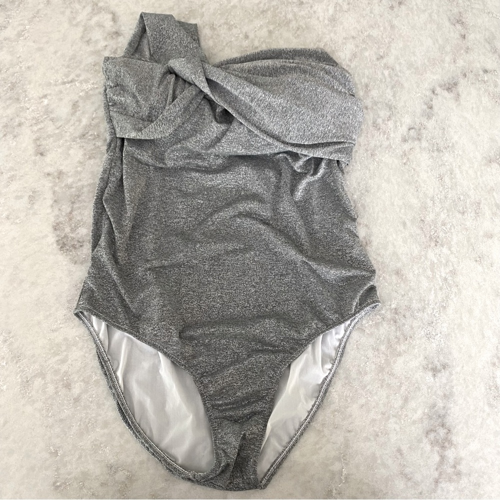 Anthropologie Sparkly Silver One-Shoulder Swimsuit - Size L